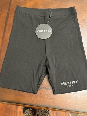 White Fox Boutique Black Ribbed High-Rise Bike Shorts with Logo